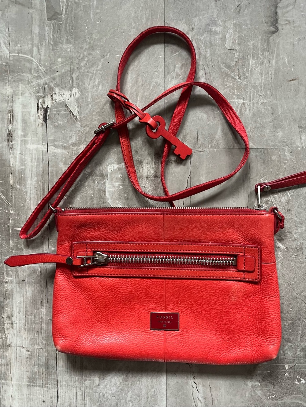 Fossil Red Leather Crossbody with Front Zip and Key Charm